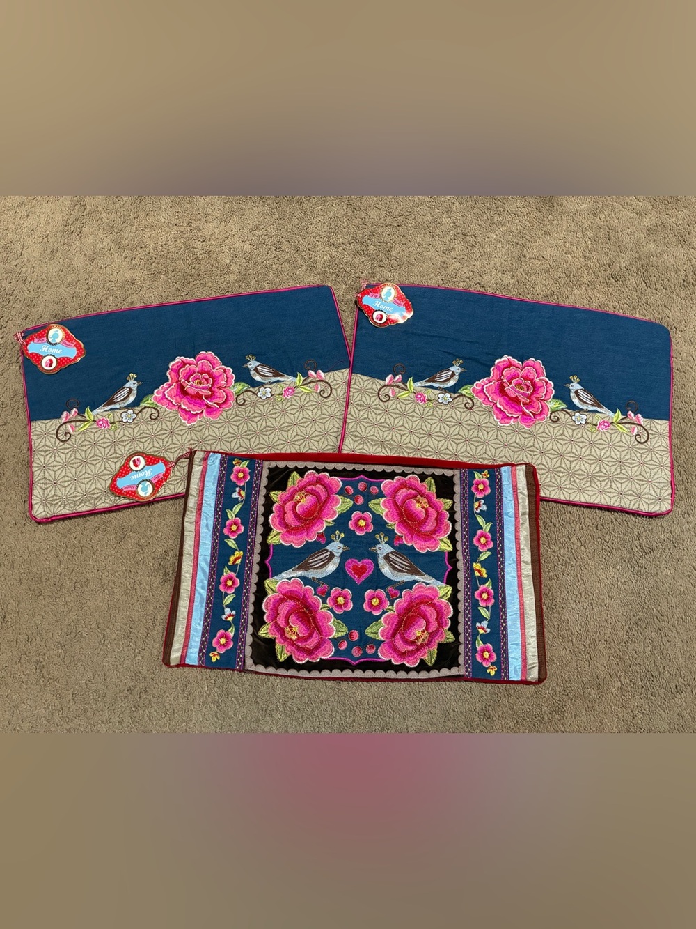 Pip Studio Home Embroidered Cushion Covers Lot of 3 Birds Flower Quilted 12X20”